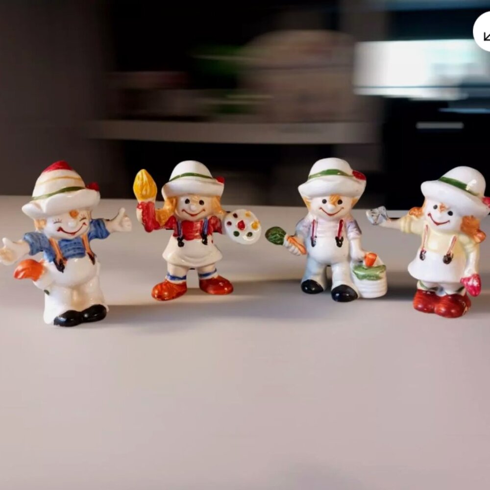 Porcelain Raggedy Clown Doll Figurines Bone China Multicolor Vintage set of 4